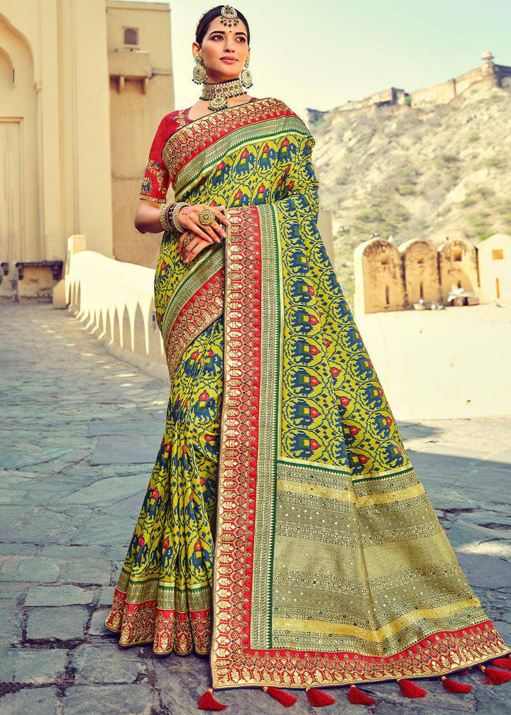 Yellow Green Patan Patola Silk Saree with Mirror, Khatli & Cut-Dana work | Stitched Blouse - qivii