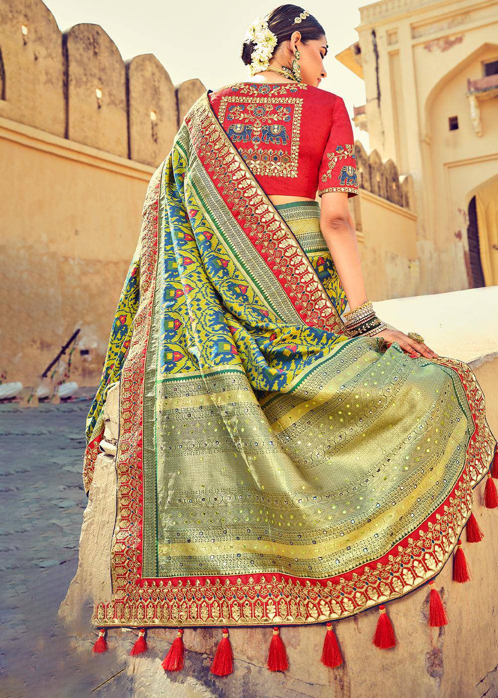 Yellow Green Patan Patola Silk Saree with Mirror, Khatli & Cut-Dana work | Stitched Blouse - qivii