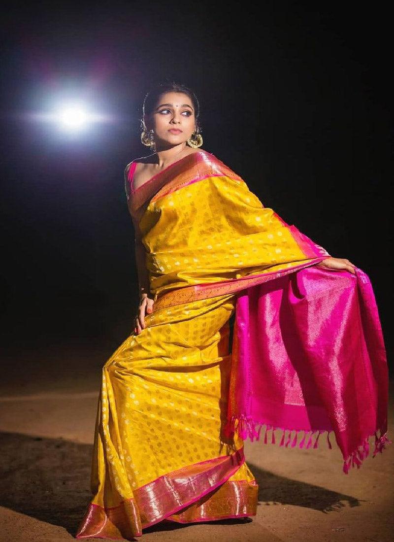 Yellow Silk Base Traditional Saree  - By Kreeva