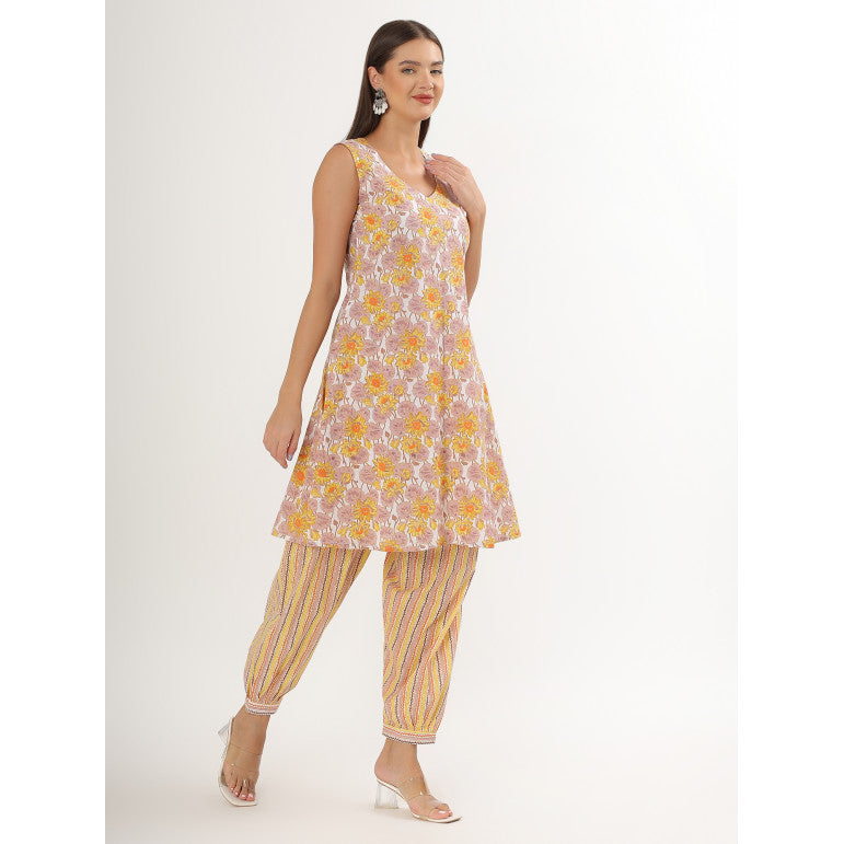 Sunlit Floral Print Sleeveless Kurta Set - qivii