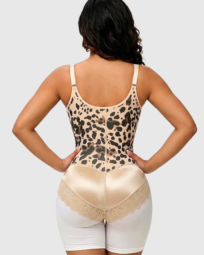 Leopard Print Zipper Tummy Control Adjustable Strap Shaping Bodysuit  - By Qivii