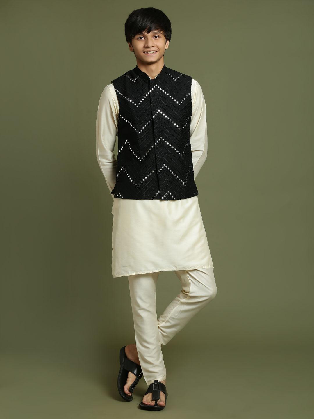 Yuva By VASTRAMAY Boy's Black Mirror Work Jacket And Solid Kurta Pyjama Set - qivii