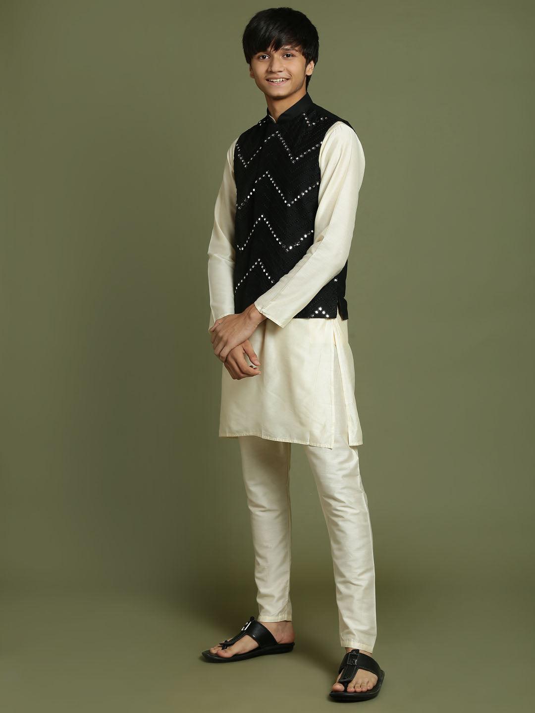 Yuva By VASTRAMAY Boy's Black Mirror Work Jacket And Solid Kurta Pyjama Set - qivii