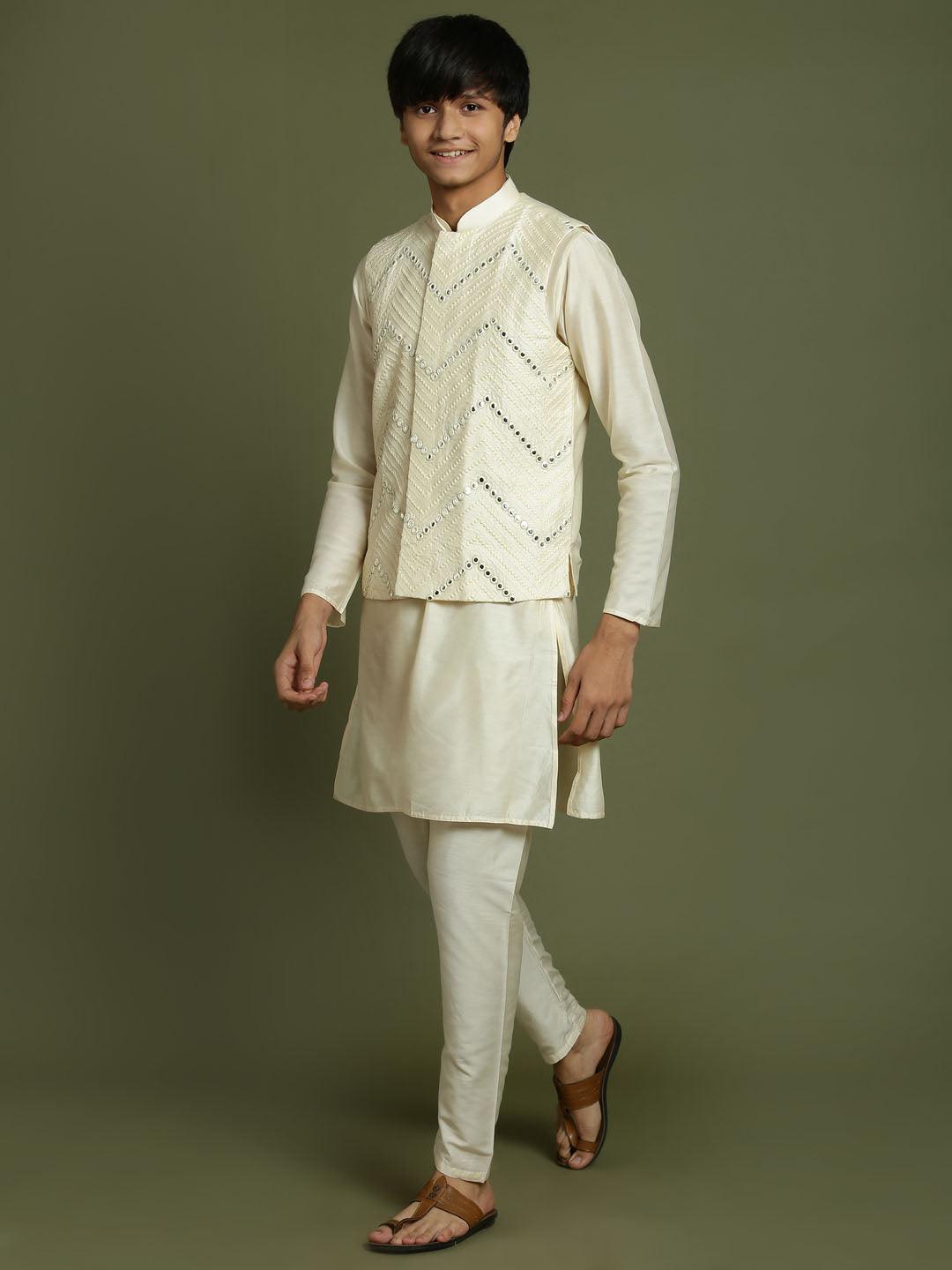 Yuva By VASTRAMAY Boy's Cream Mirror Work Jacket And Solid Kurta Pyjama Set - qivii