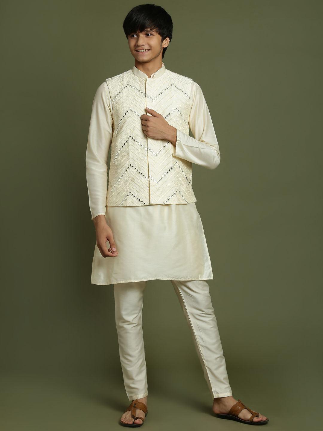 Yuva By VASTRAMAY Boy's Cream Mirror Work Jacket And Solid Kurta Pyjama Set - qivii