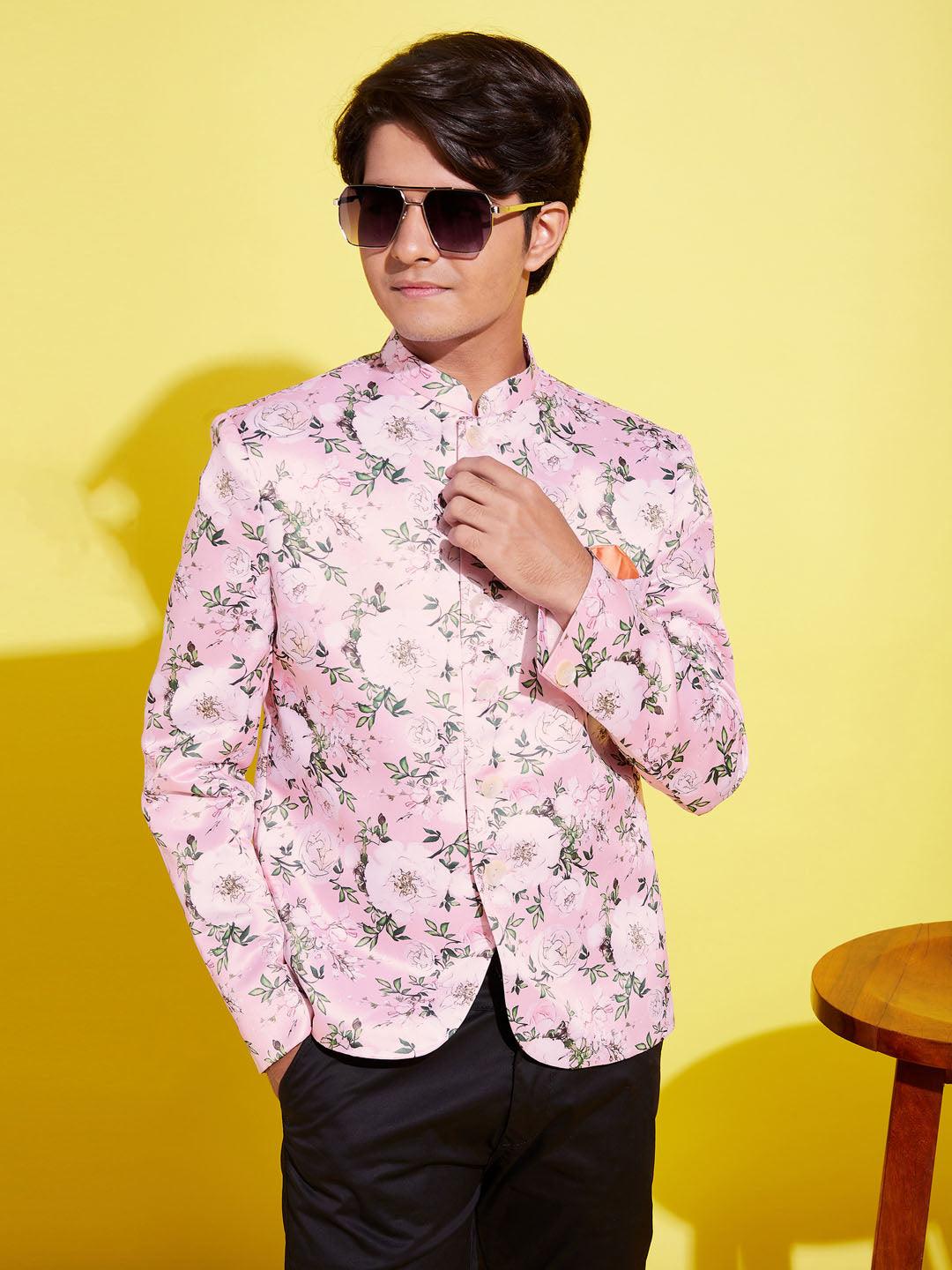 YUVA BY VASTRAMAY Boy's Floral Printed Pink Bandhgala Prince Coat Jodhpuri - qivii