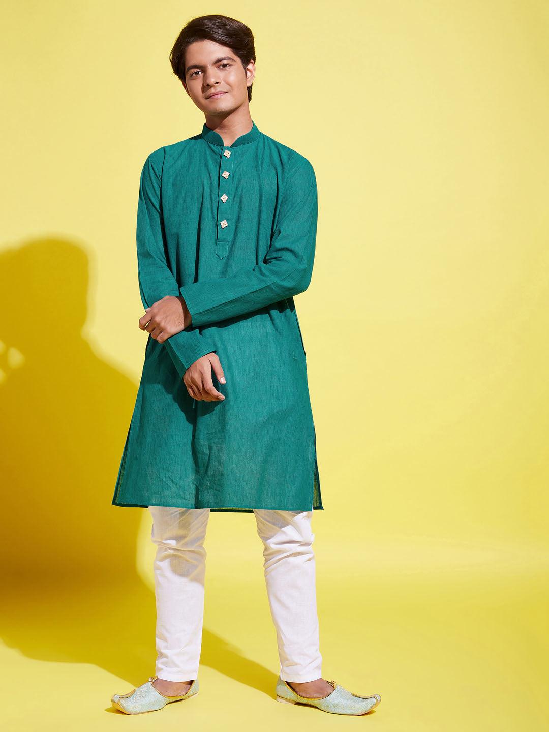 YUVA BY VASTRAMAY Boy's Green Cotton Kurta and Pyjama Set - qivii