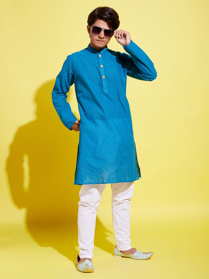 YUVA BY VASTRAMAY Boy's Light Blue Cotton Kurta and Pyjama Set - qivii