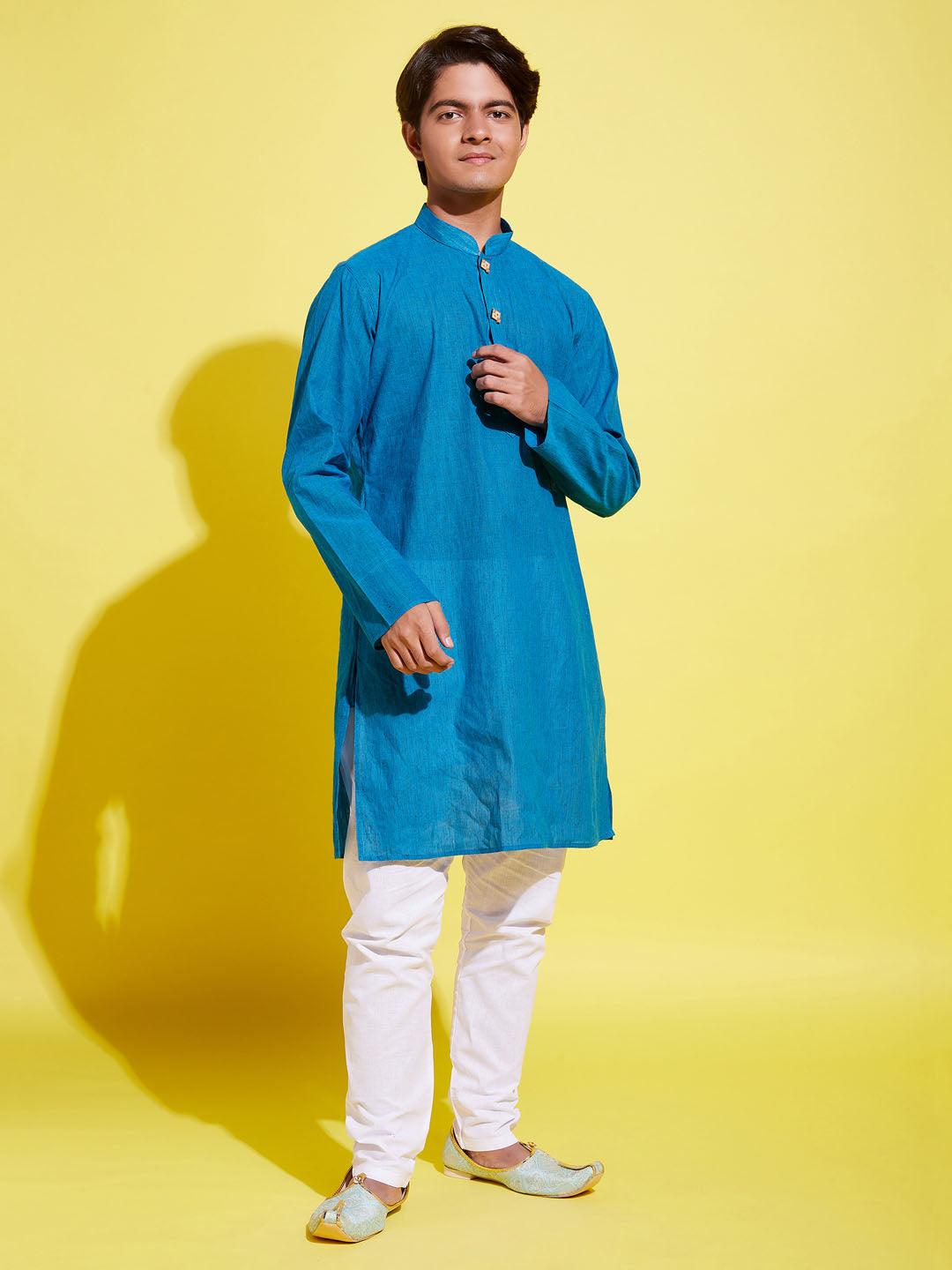 YUVA BY VASTRAMAY Boy's Light Blue Cotton Kurta and Pyjama Set - qivii