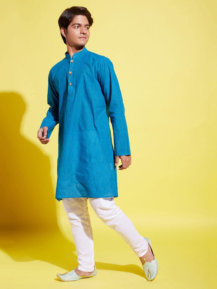 YUVA BY VASTRAMAY Boy's Light Blue Cotton Kurta and Pyjama Set - qivii