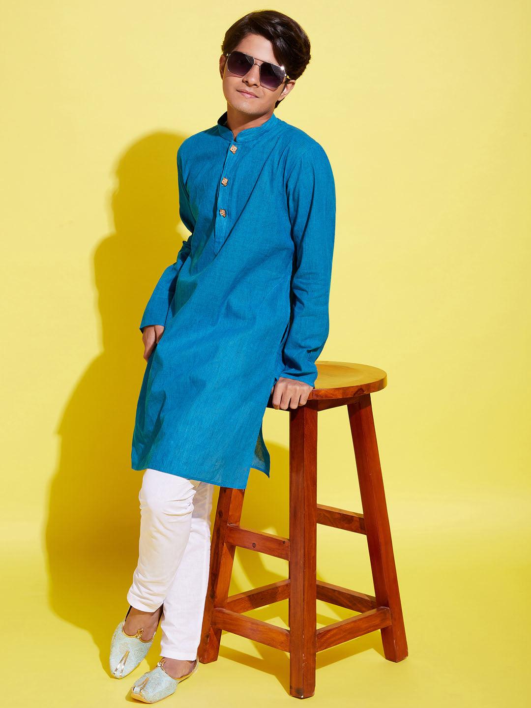 YUVA BY VASTRAMAY Boy's Light Blue Cotton Kurta - qivii