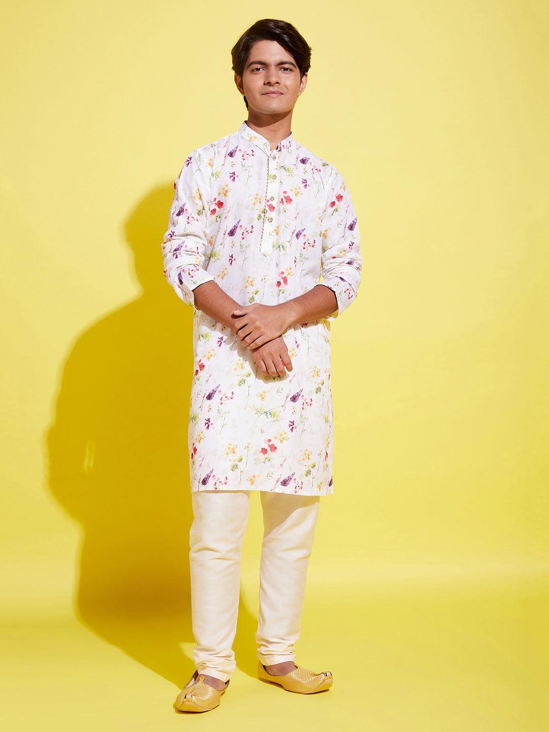 YUVA BY VASTRAMAY Boy's Printed Cream Cotton Blend Kurta and Pyjama Set - qivii