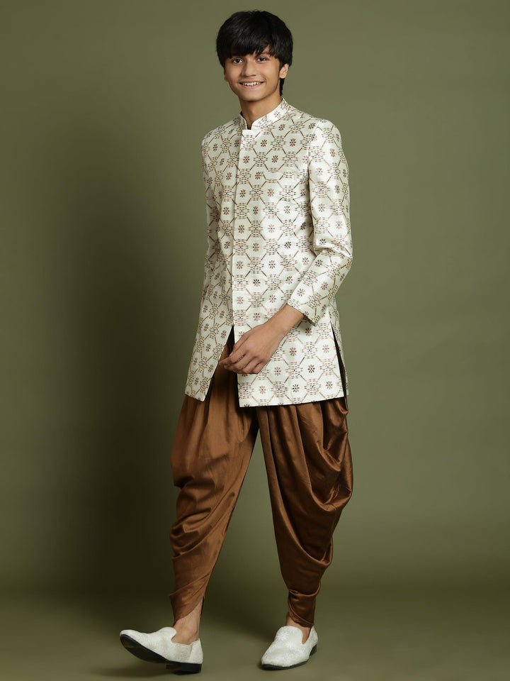 YUVA By VASTRAMAY Boys Beige And Coffee jacquard Sherwani Set - qivii