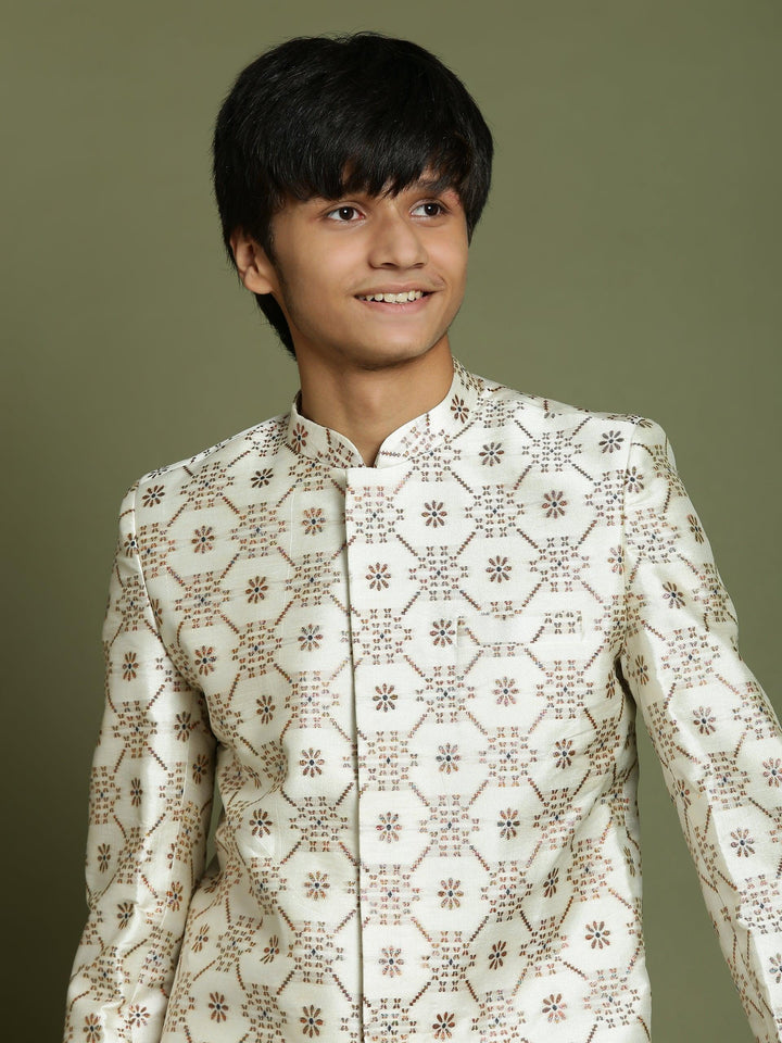 YUVA By VASTRAMAY Boys Beige And Coffee jacquard Sherwani Set - qivii