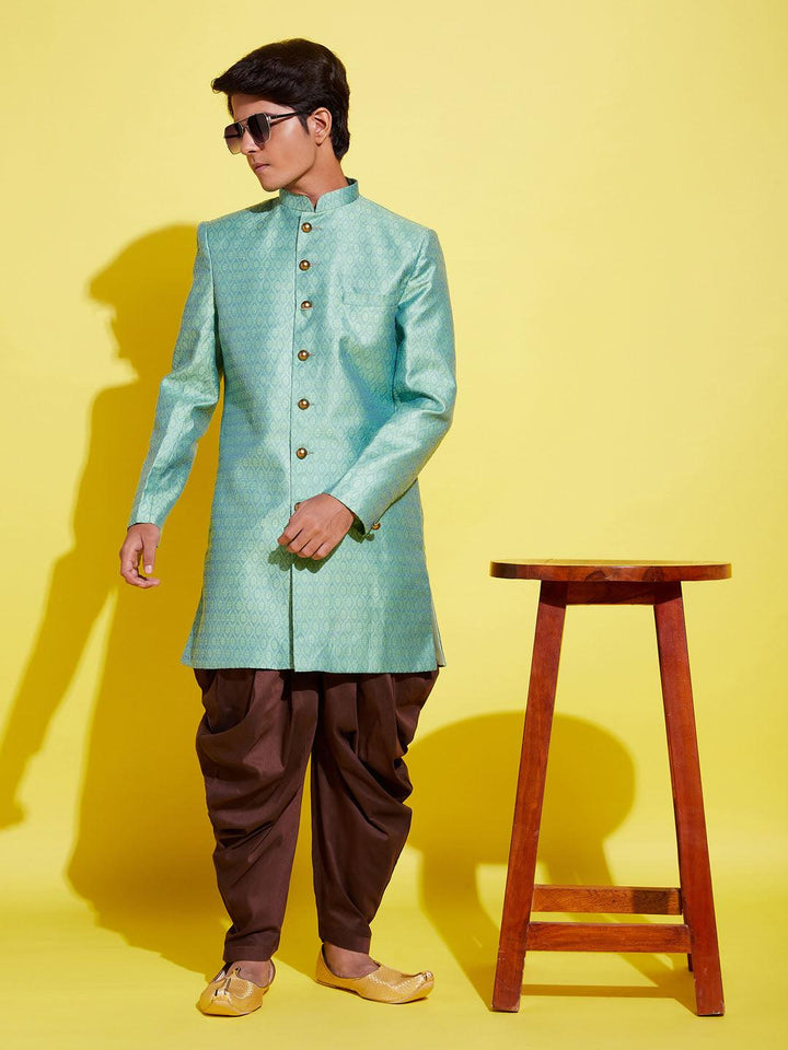 YUVA BY VASTRAMAY Boys Green Indo Western Jacquard Sherwani and Dhoti Pant Set - qivii