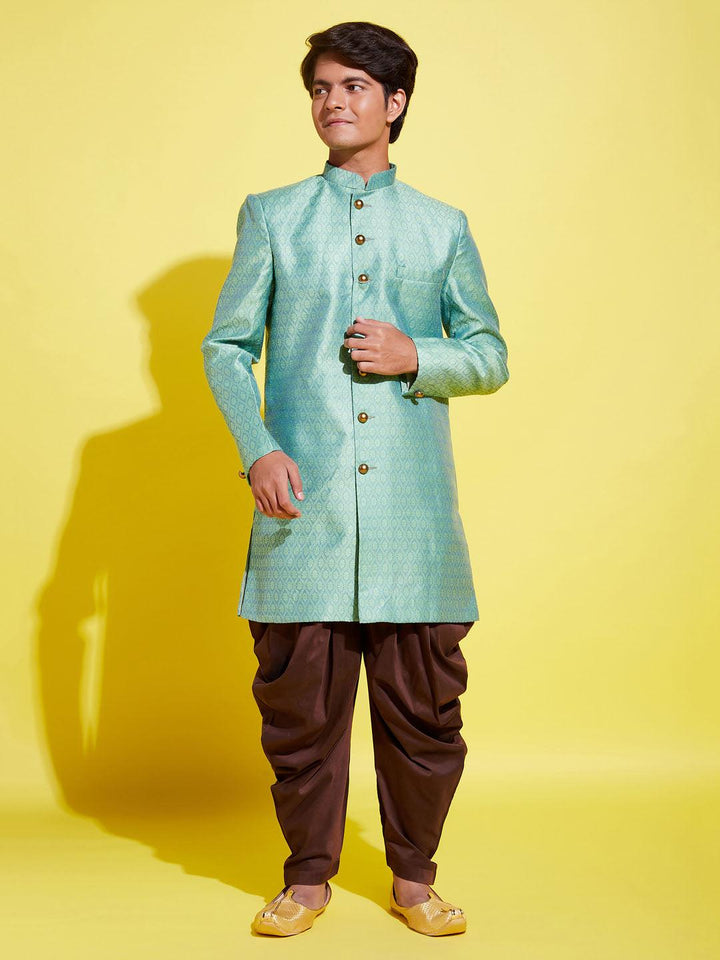 YUVA BY VASTRAMAY Boys Green Indo Western Jacquard Sherwani and Dhoti Pant Set - qivii