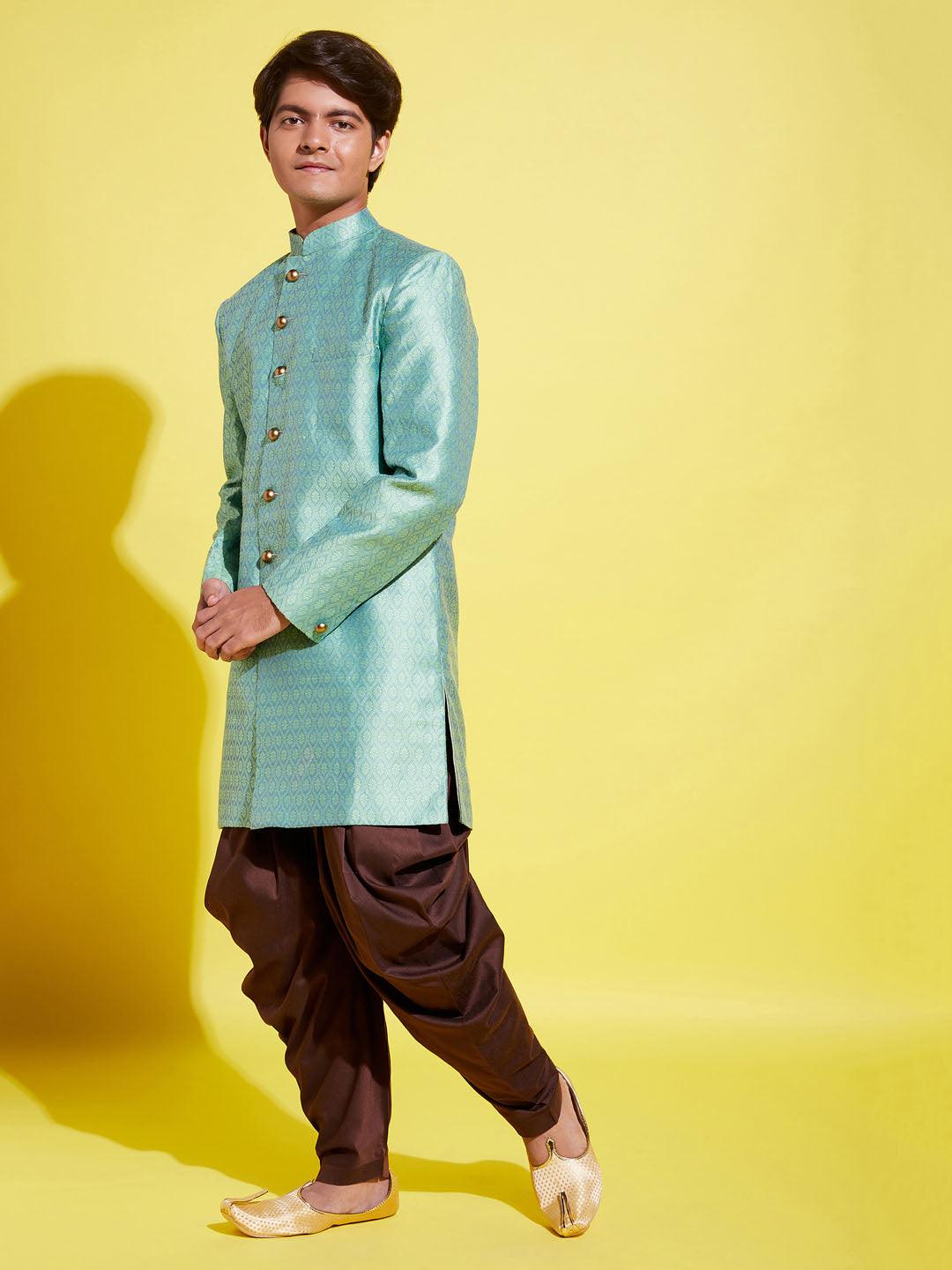 YUVA BY VASTRAMAY Boys Green Indo Western Jacquard Sherwani and Dhoti Pant Set - qivii