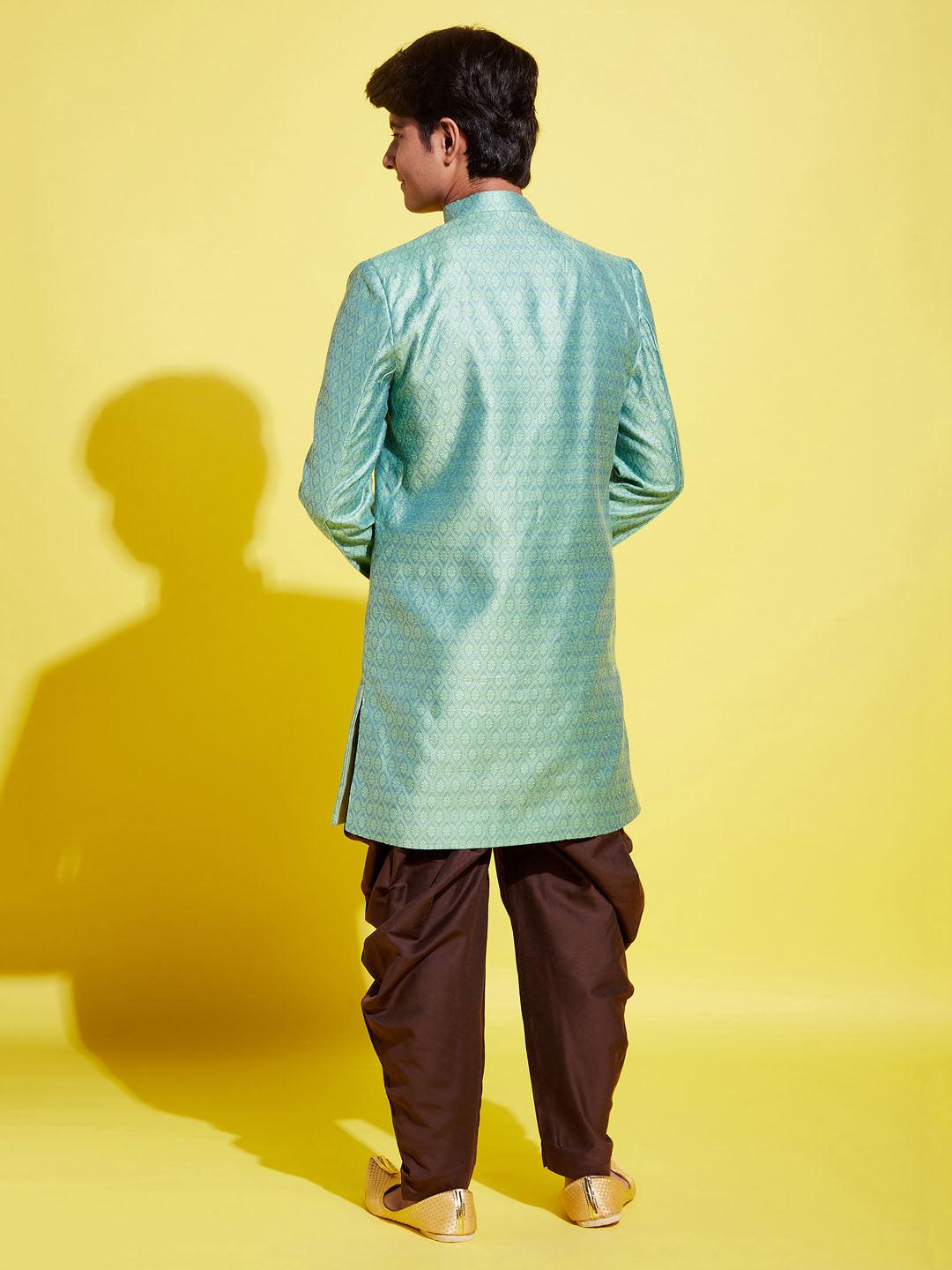 YUVA BY VASTRAMAY Boys Green Indo Western Jacquard Sherwani and Dhoti Pant Set - qivii