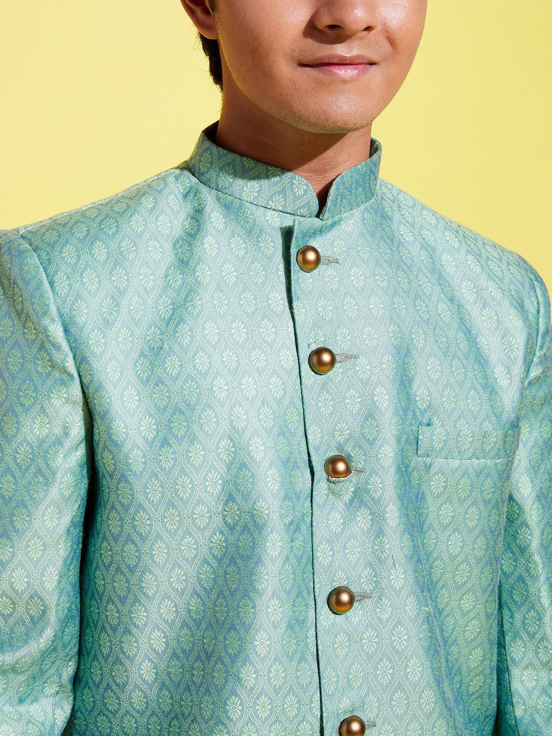 YUVA BY VASTRAMAY Boys Green Indo Western Jacquard Sherwani and Dhoti Pant Set - qivii