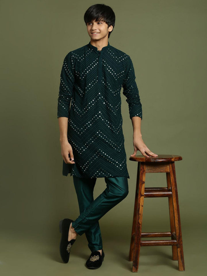 YUVA By VASTRAMAY Boys Green Mirror Work Georgette Kurta And Pyjama Set - qivii