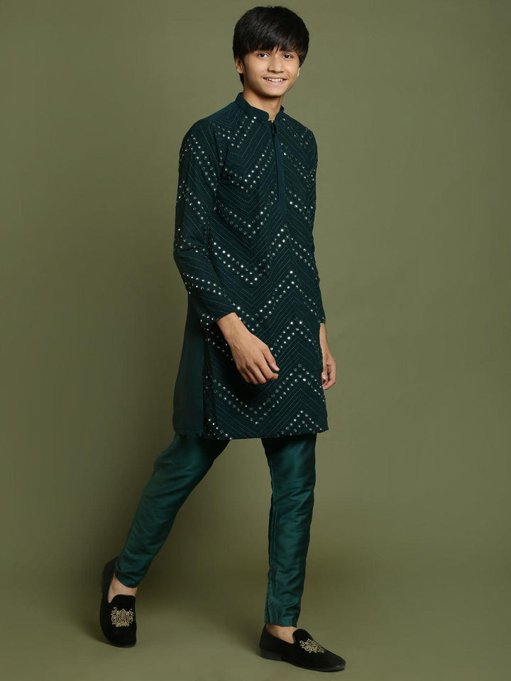 YUVA By VASTRAMAY Boys Green Mirror Work Georgette Kurta And Pyjama Set - qivii