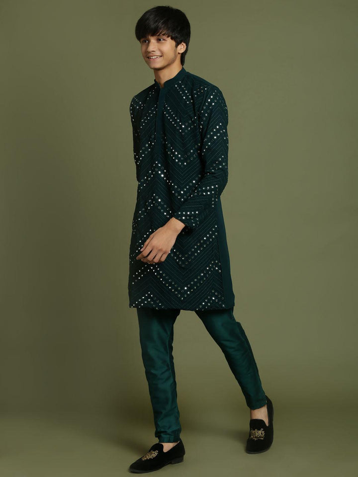 YUVA By VASTRAMAY Boys Green Mirror Work Georgette Kurta And Pyjama Set - qivii