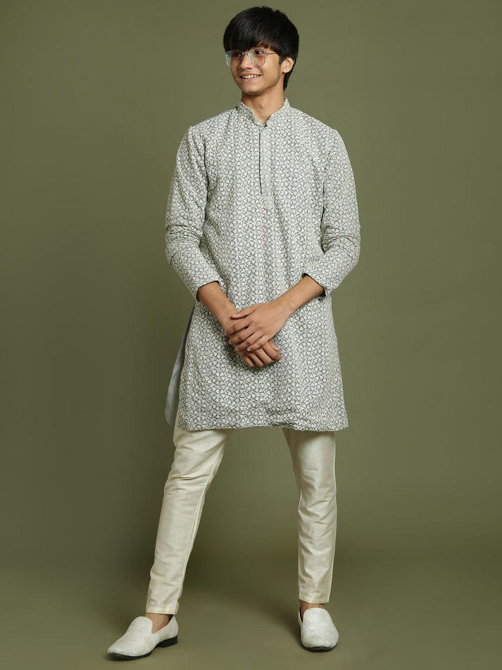 YUVA BY VASTRAMAY Boys' Grey Georgette Chikankari Kurta Pyjama Set - qivii