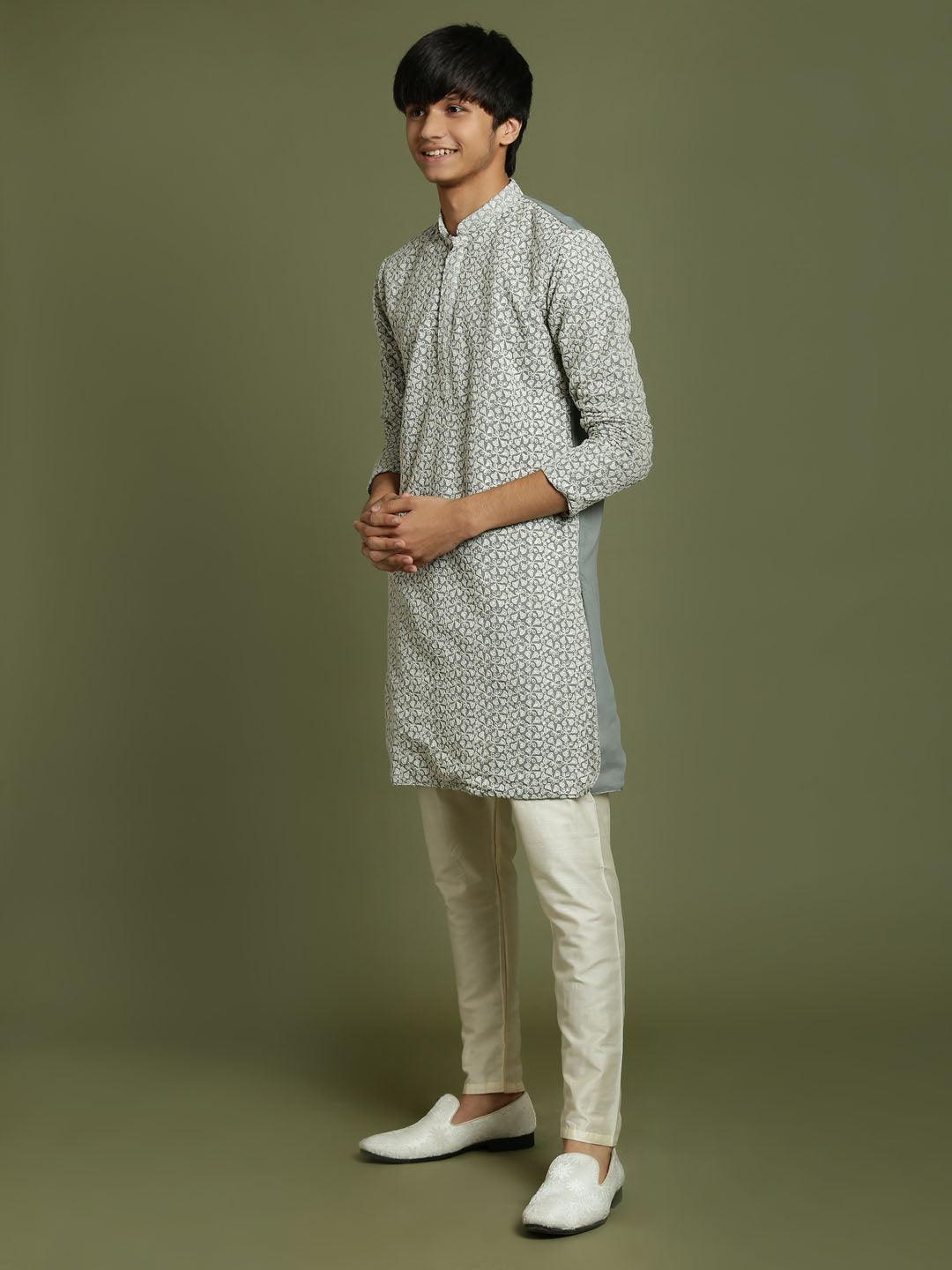 YUVA BY VASTRAMAY Boys' Grey Georgette Chikankari Kurta Pyjama Set - qivii