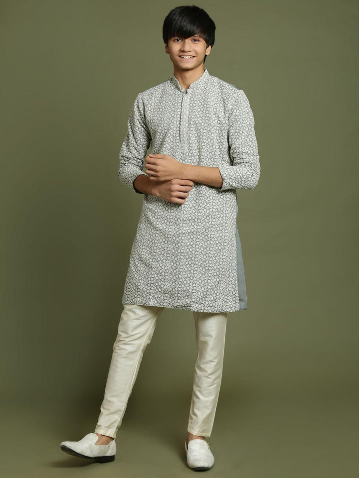 YUVA BY VASTRAMAY Boys' Grey Georgette Chikankari Kurta Pyjama Set - qivii