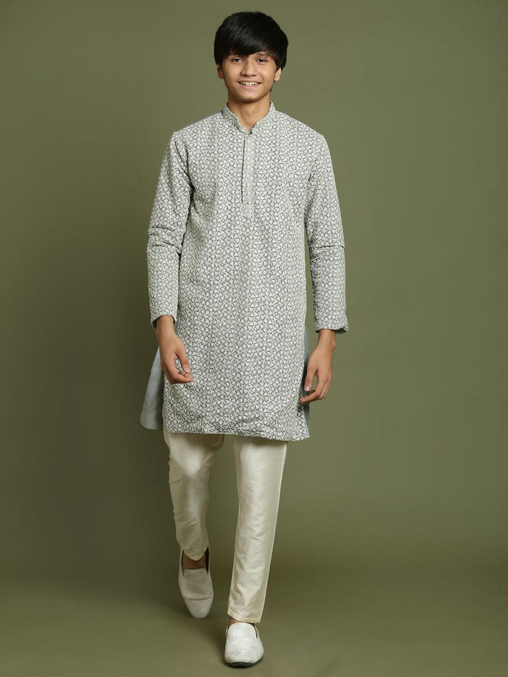 YUVA BY VASTRAMAY Boys' Grey Georgette Chikankari Kurta Pyjama Set - qivii