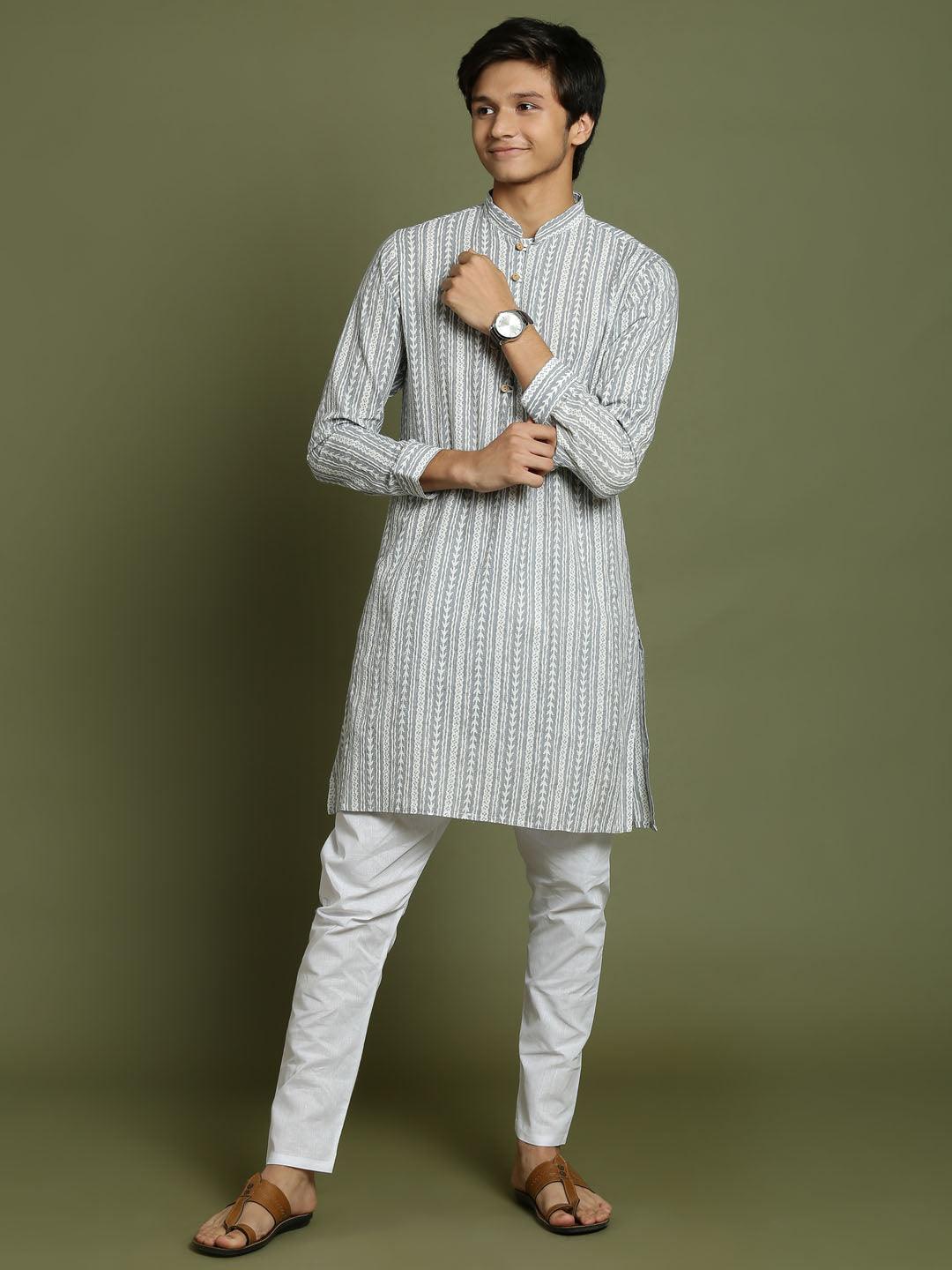 YUVA BY VASTRAMAY Boys' Grey Woven Kurta With White Pyjama Set - qivii