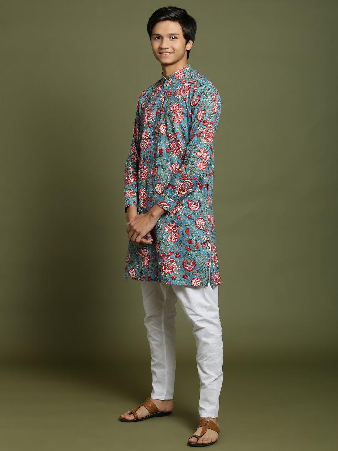 YUVA BY VASTRAMAY Boys Kalamkari Print Kantha stitch Kurta And Pyjama Set - qivii