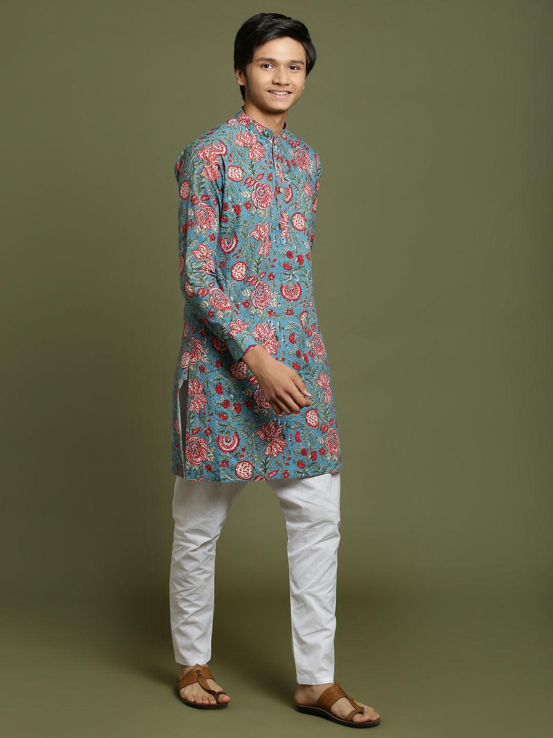 YUVA BY VASTRAMAY Boys Kalamkari Print Kantha stitch Kurta And Pyjama Set - qivii