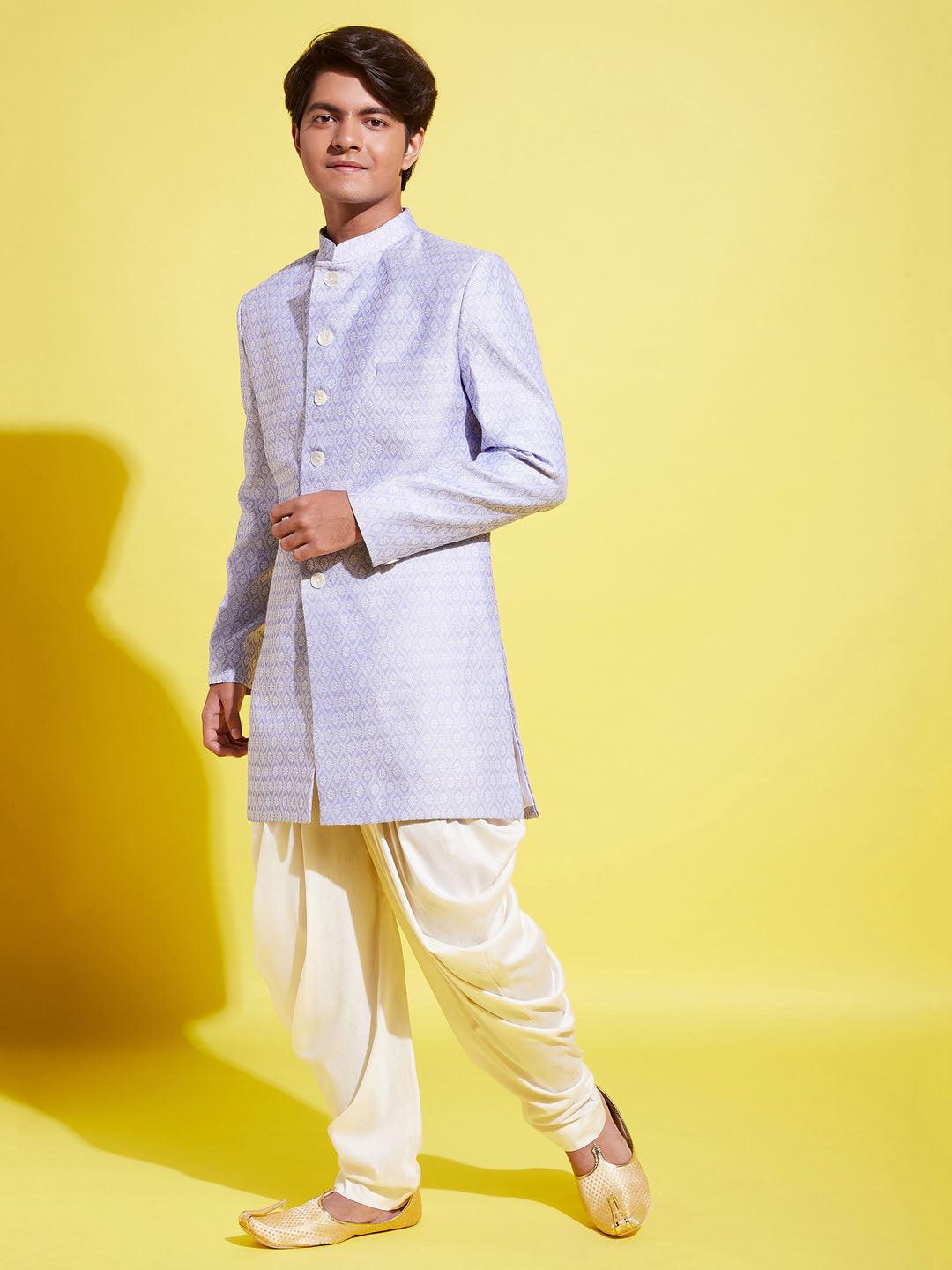 YUVA BY VASTRAMAY Boys Lavender Indo Western Jacquard Sherwani and Dhoti Pant Set - qivii