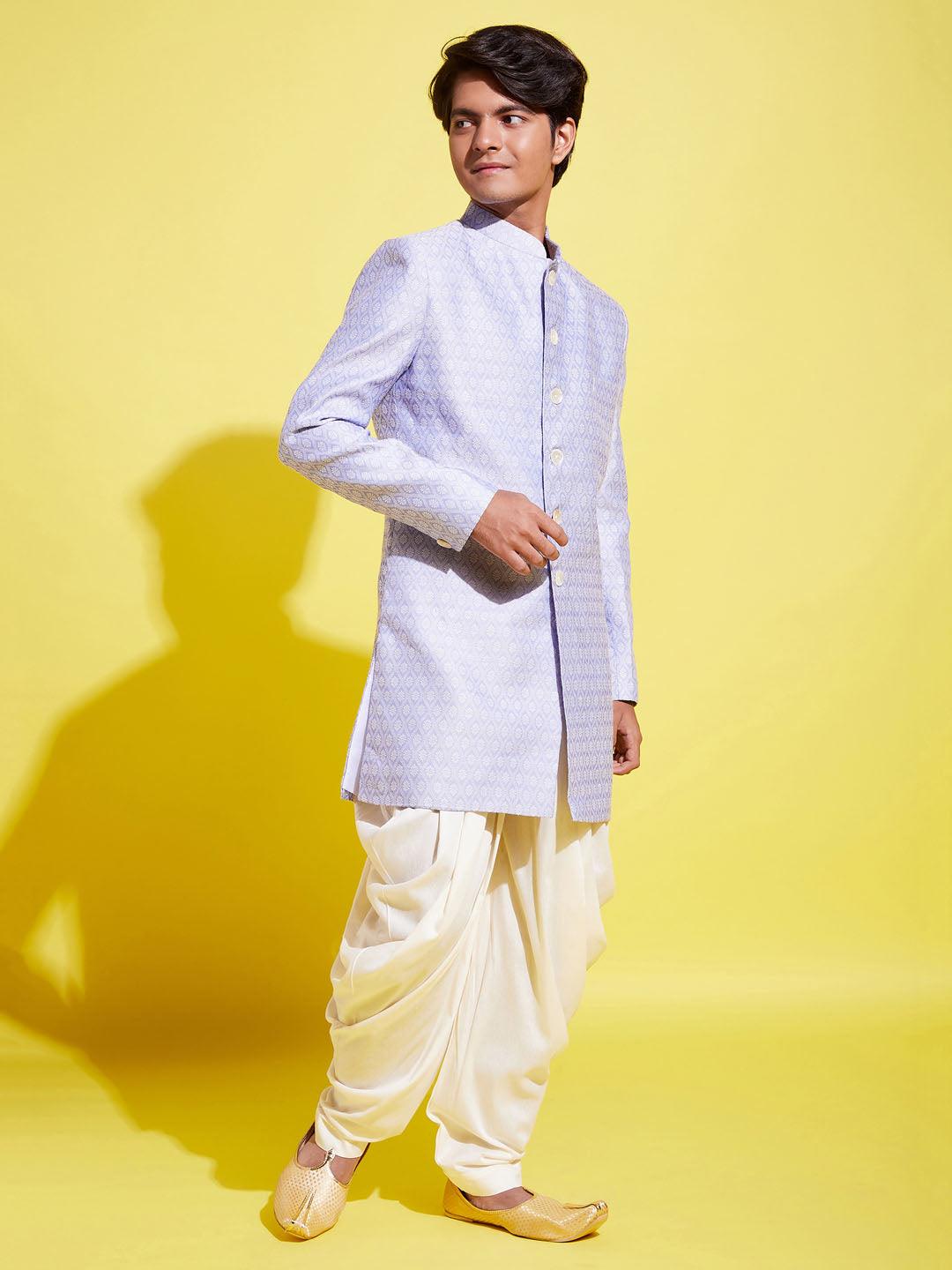 YUVA BY VASTRAMAY Boys Lavender Indo Western Jacquard Sherwani and Dhoti Pant Set - qivii