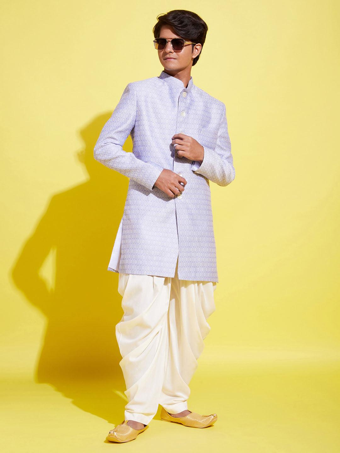 YUVA BY VASTRAMAY Boys Lavender Indo Western Jacquard Sherwani and Dhoti Pant Set - qivii