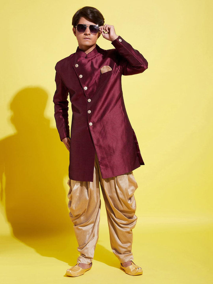 YUVA BY VASTRAMAY Boys Maroon And Rose Gold Indowestern Set - qivii