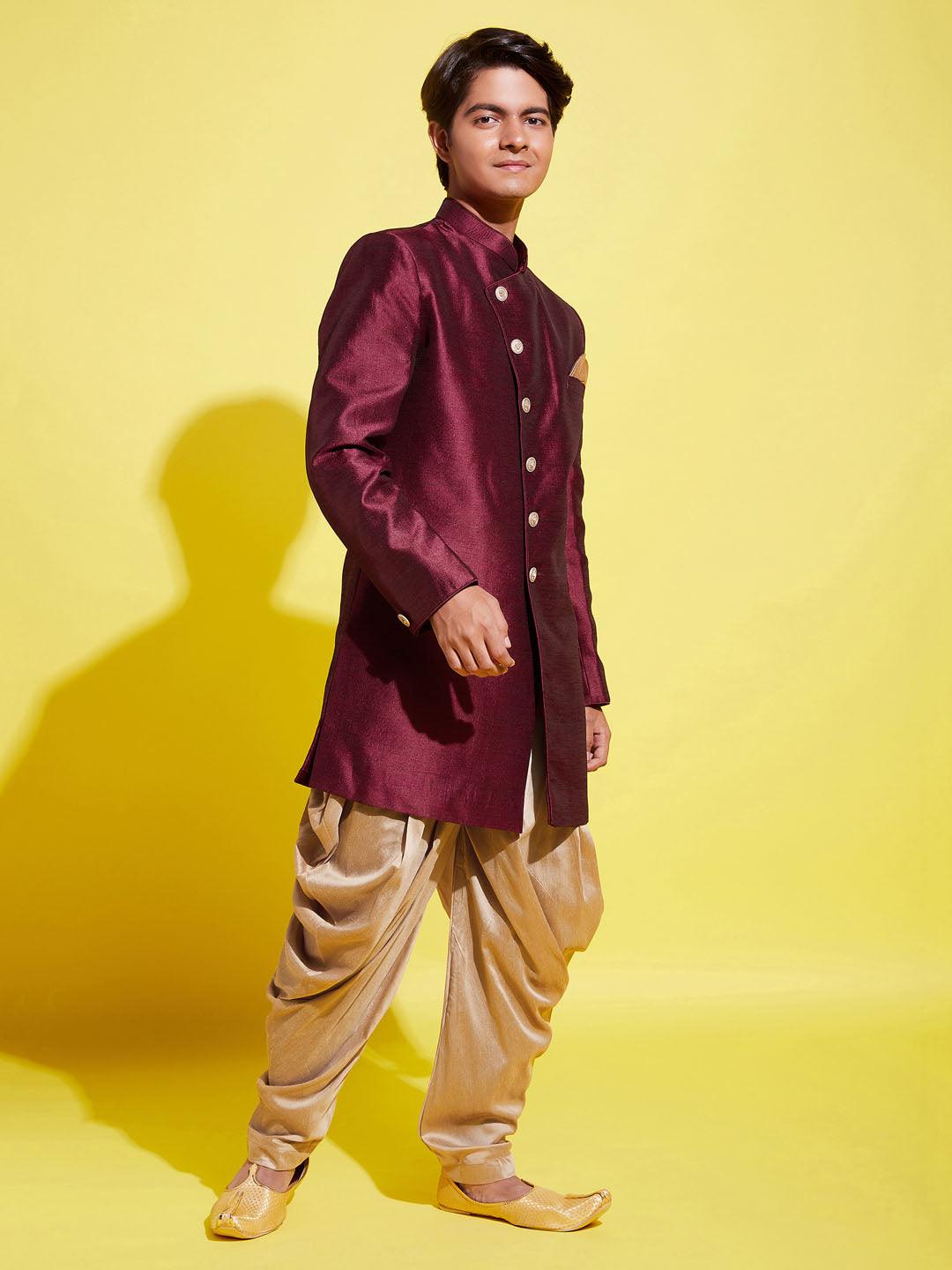 YUVA BY VASTRAMAY Boys Maroon And Rose Gold Indowestern Set - qivii