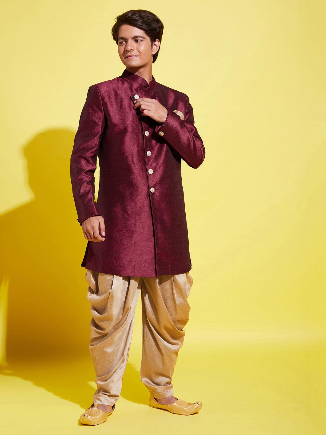 YUVA BY VASTRAMAY Boys Maroon And Rose Gold Indowestern Set - qivii