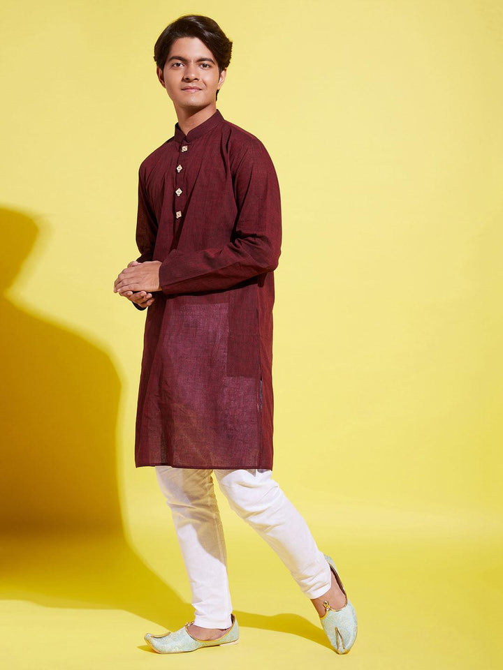 YUVA BY VASTRAMAY Boys Maroon Cotton Kurta and Pyjama Set - qivii