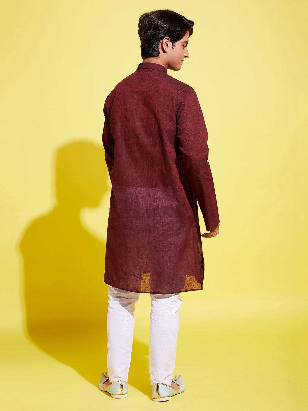 YUVA BY VASTRAMAY Boys Maroon Cotton Kurta and Pyjama Set - qivii