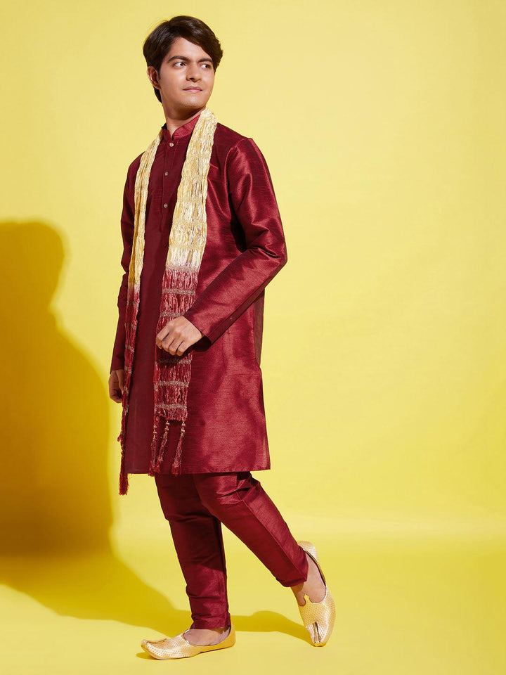 YUVA BY VASTRAMAY Boys' Maroon Cotton Silk Kurta, Pyjama & Dupatta Set - qivii