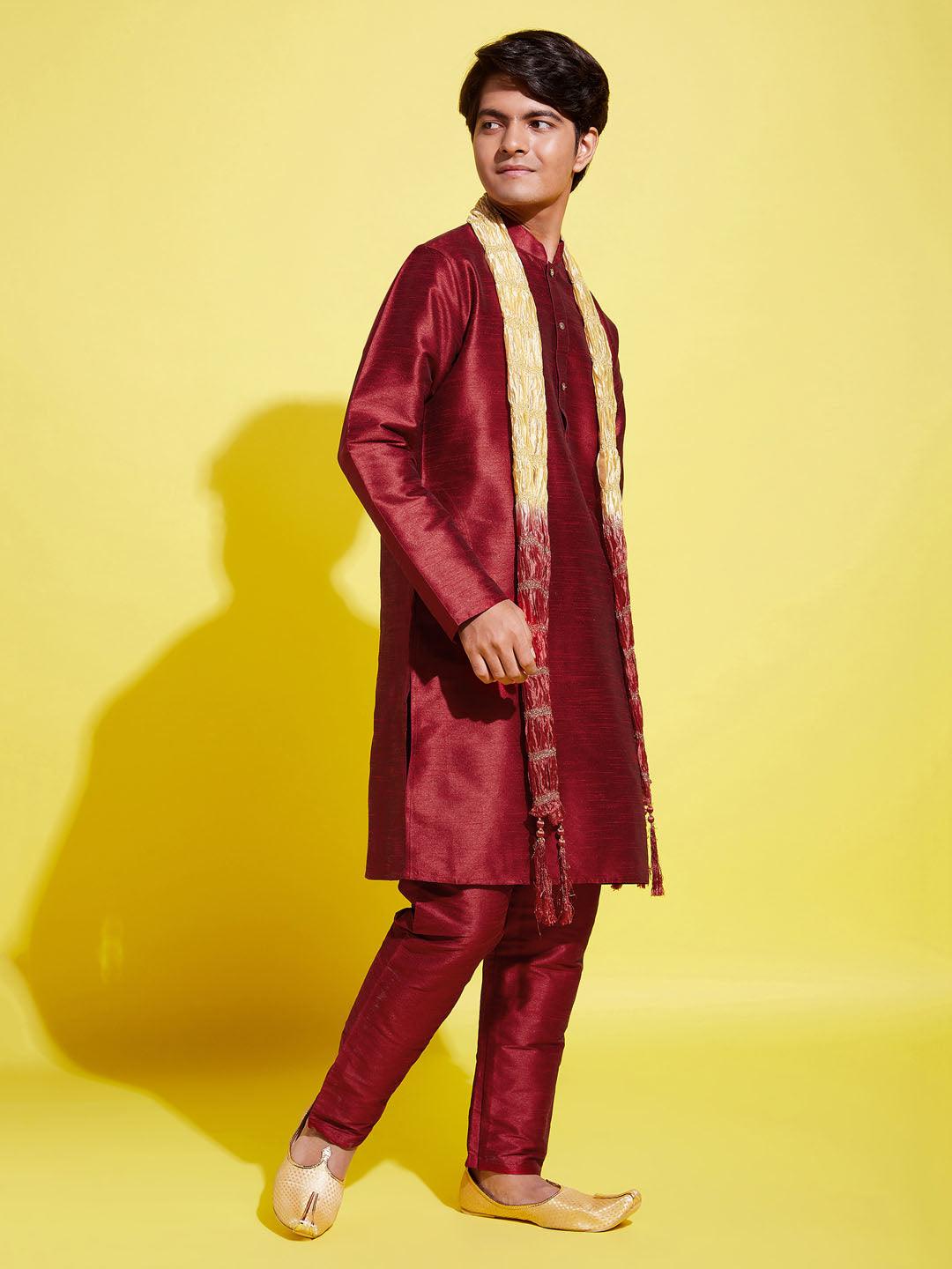 YUVA BY VASTRAMAY Boys' Maroon Cotton Silk Kurta, Pyjama & Dupatta Set - qivii