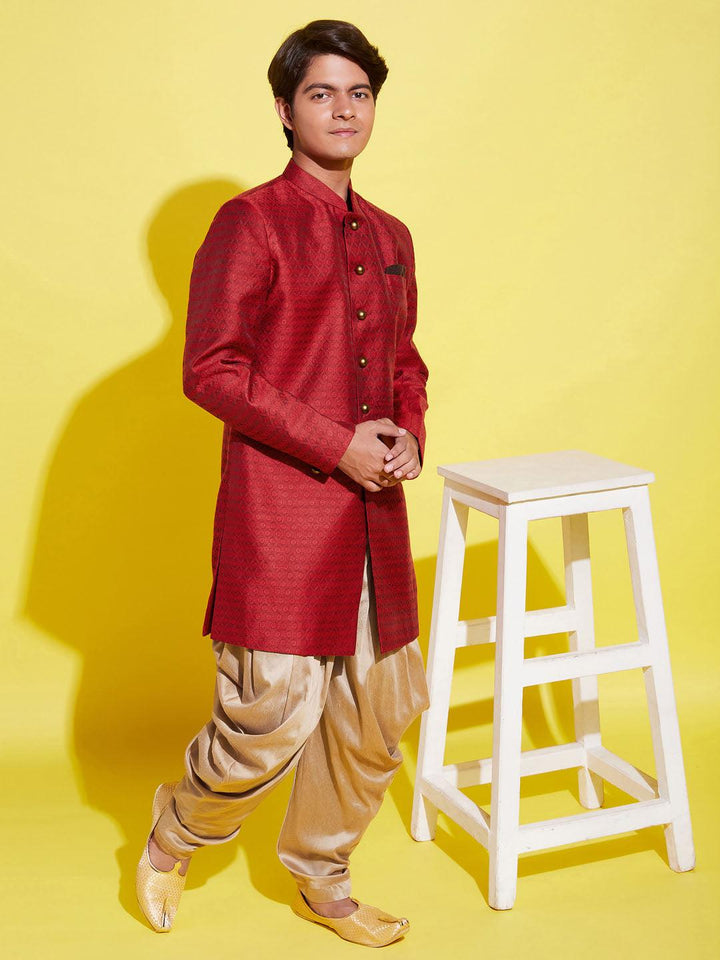 YUVA BY VASTRAMAY Boys Maroon Indo Western Jacquard Sherwani and Dhoti Pant Set - qivii