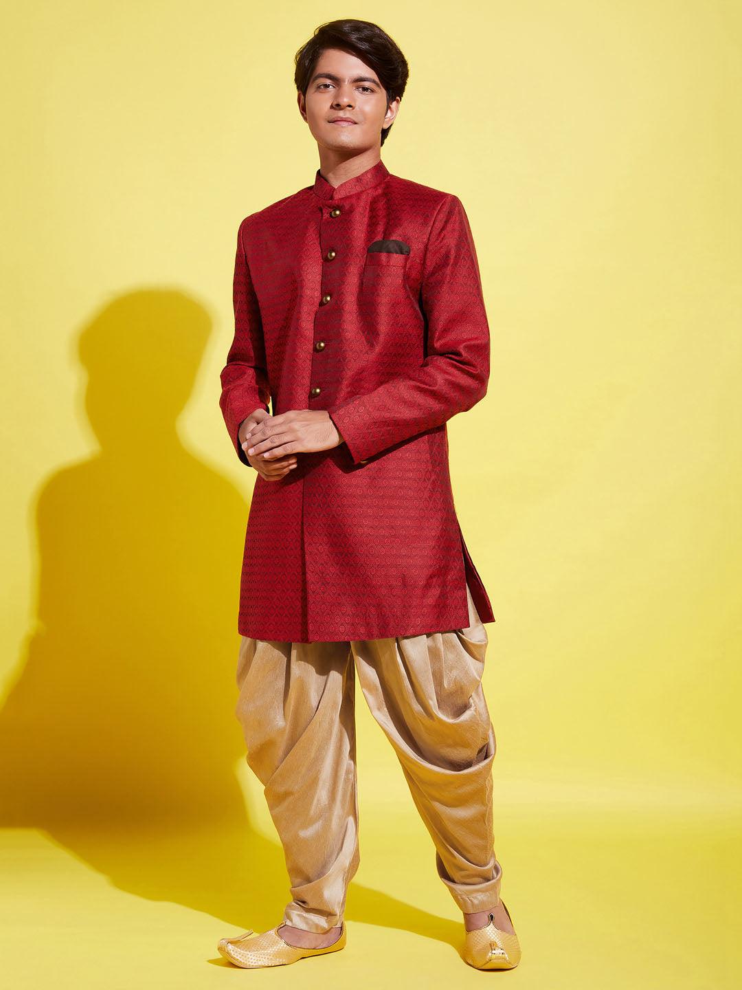 YUVA BY VASTRAMAY Boys Maroon Indo Western Jacquard Sherwani and Dhoti Pant Set - qivii