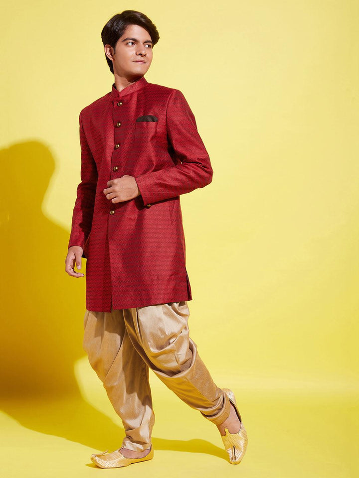 YUVA BY VASTRAMAY Boys Maroon Indo Western Jacquard Sherwani and Dhoti Pant Set - qivii