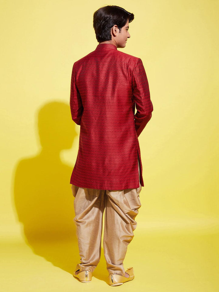 YUVA BY VASTRAMAY Boys Maroon Indo Western Jacquard Sherwani and Dhoti Pant Set - qivii