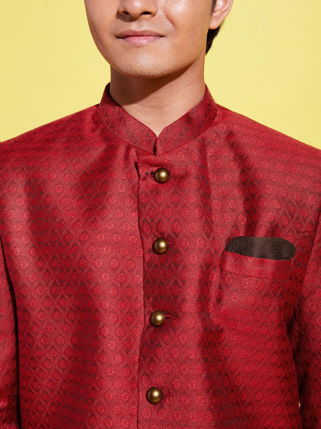 YUVA BY VASTRAMAY Boys Maroon Indo Western Jacquard Sherwani and Dhoti Pant Set - qivii