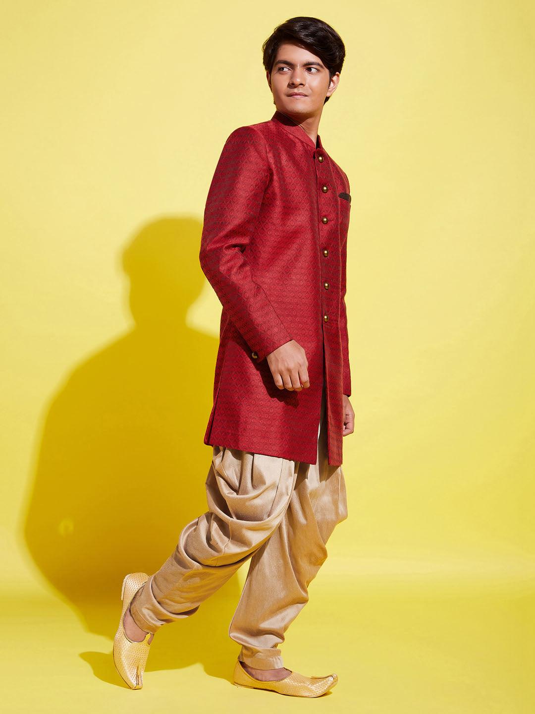 YUVA BY VASTRAMAY Boys Maroon Indo Western Jacquard Sherwani and Dhoti Pant Set - qivii