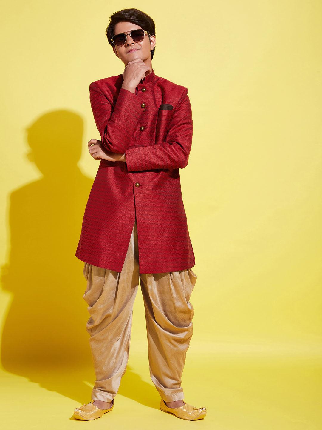 YUVA BY VASTRAMAY Boys Maroon Indo Western Jacquard Sherwani and Dhoti Pant Set - qivii